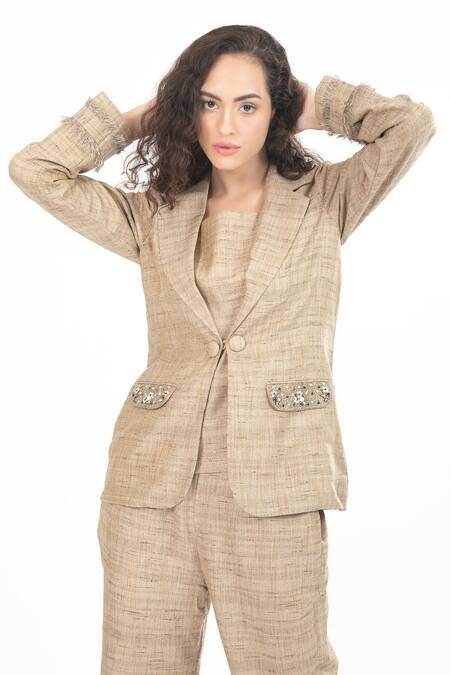 Buy_House Of Thl_Beige Cotton Hessain Textured Bugle Beads And Alexandra Structured Pant Set_Online_at_Aza_Fashions