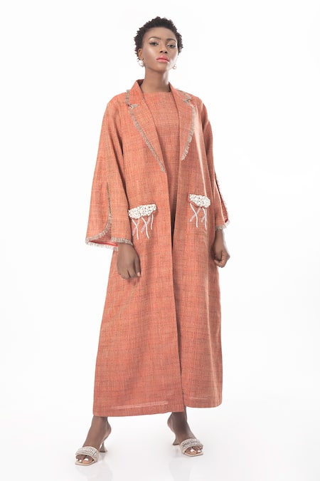 House Of Thl Orange Cotton Hessain Pearls Dress Round, Jacket Rihana Frayed Abaya With Online at Aza Fashions House Of Thl_Orange Cotton Hessain Pearls Dress Round, Jacket Rihana Frayed Abaya With _Online_at_Aza_Fashions