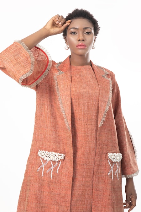 Buy House Of Thl Orange Cotton Hessain Pearls Dress Round, Jacket Rihana Frayed Abaya With Online at Aza Fashions Buy_House Of Thl_Orange Cotton Hessain Pearls Dress Round, Jacket Rihana Frayed Abaya With _Online_at_Aza_Fashions