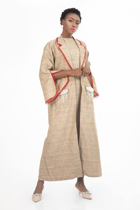 House Of Thl_Beige Cotton Hessain Pearls Dress Round, Jacket Rihana Frayed Abaya With _Online_at_Aza_Fashions