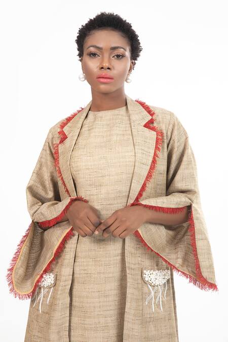 Buy_House Of Thl_Beige Cotton Hessain Pearls Dress Round, Jacket Rihana Frayed Abaya With _Online_at_Aza_Fashions