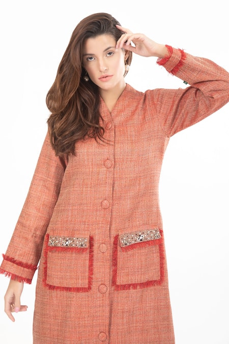 Buy_House Of Thl_Orange Cotton Hessain Beads V Neck Charlotte Front-open Jacket Dress _Online_at_Aza_Fashions