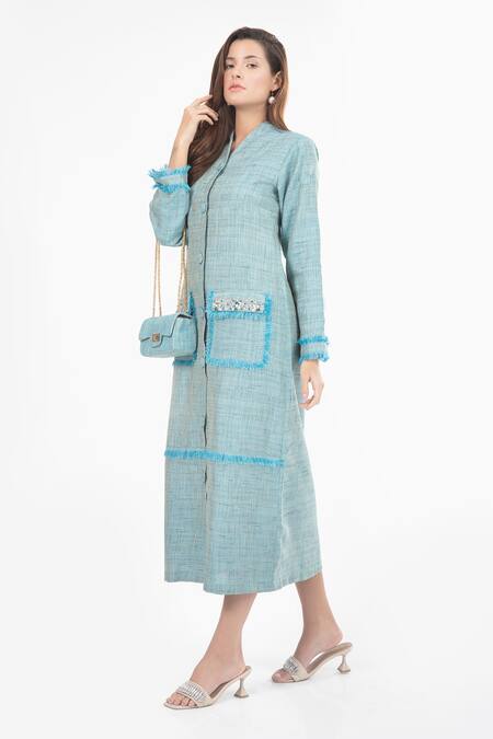 House Of Thl_Blue Cotton Hessain Beads V Neck Charlotte Front-open Jacket Dress _Online_at_Aza_Fashions
