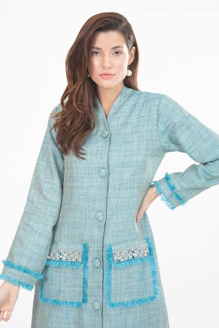 Buy_House Of Thl_Blue Cotton Hessain Beads V Neck Charlotte Front-open Jacket Dress _Online_at_Aza_Fashions