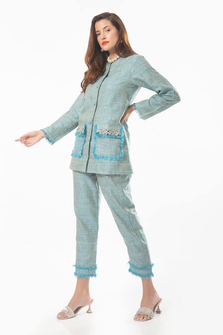 House Of Thl Blue Cotton Hessain Textured Bugle Beads Catherine Embellished Jacket And Pant Set Online at Aza Fashions House Of Thl_Blue Cotton Hessain Textured Bugle Beads Catherine Embellished Jacket And Pant Set _Online_at_Aza_Fashions