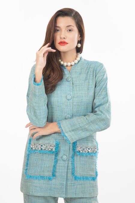 Buy House Of Thl Blue Cotton Hessain Textured Bugle Beads Catherine Embellished Jacket And Pant Set Online at Aza Fashions Buy_House Of Thl_Blue Cotton Hessain Textured Bugle Beads Catherine Embellished Jacket And Pant Set _Online_at_Aza_Fashions