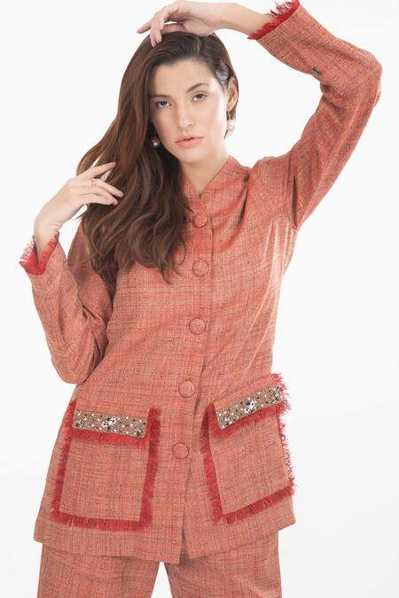 Buy House Of Thl Orange Cotton Hessain Textured Bugle Catherine Embellished Jacket And Pant Set Online at Aza Fashions Buy_House Of Thl_Orange Cotton Hessain Textured Bugle Catherine Embellished Jacket And Pant Set _Online_at_Aza_Fashions