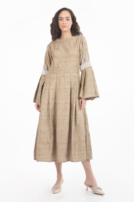 House of THL Beige Cotton Hessain Embroidery Cleopatra Embellished Sleeve Dress  