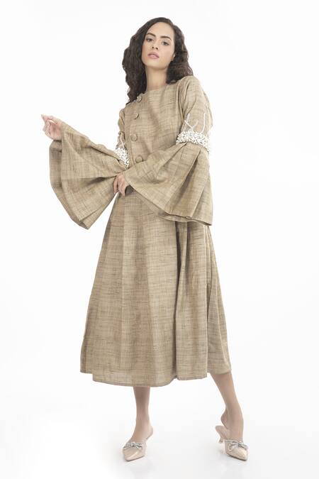 House Of Thl_Beige Cotton Hessain Pearls Round Cleopatra Embellished Sleeve Dress _Online_at_Aza_Fashions