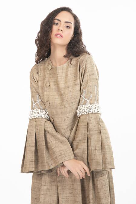 Buy_House Of Thl_Beige Cotton Hessain Pearls Round Cleopatra Embellished Sleeve Dress _Online_at_Aza_Fashions