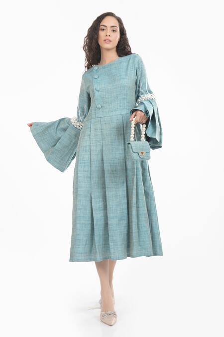 House Of Thl_Blue Cotton Hessain Pearls Round Cleopatra Embellished Sleeve Dress_Online_at_Aza_Fashions