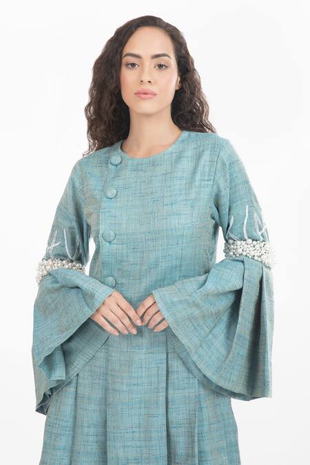 Buy_House Of Thl_Blue Cotton Hessain Pearls Round Cleopatra Embellished Sleeve Dress_Online_at_Aza_Fashions