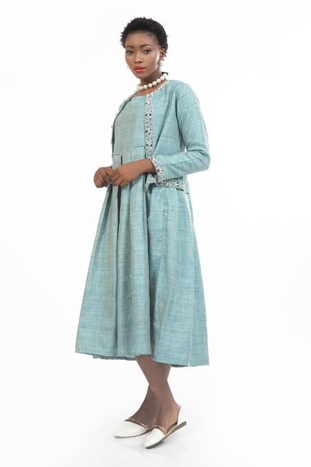 House Of Thl_Blue Cotton Hessain Beads Dress Square, Elizabeth Embellished And Bouffant _Online_at_Aza_Fashions
