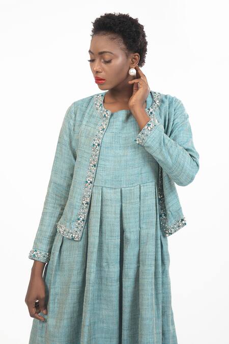 Buy_House Of Thl_Blue Cotton Hessain Beads Dress Square, Elizabeth Embellished And Bouffant _Online_at_Aza_Fashions