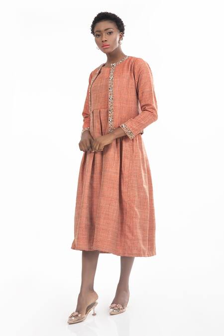 House Of Thl_Orange Cotton Hessain Beads Dress Square, Elizabeth Embellished And Bouffant_Online_at_Aza_Fashions