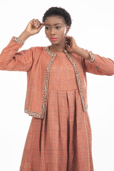 Buy_House Of Thl_Orange Cotton Hessain Beads Dress Square, Elizabeth Embellished And Bouffant_Online_at_Aza_Fashions