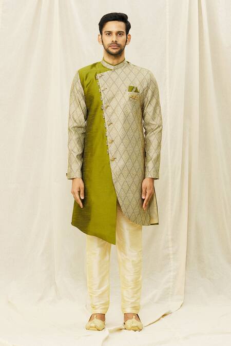 Nayantara Couture_Green Silk Embroidery Geometric Print Placement Sherwani Set_Online_at_Aza_Fashions
