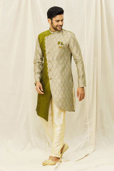 Buy_Nayantara Couture_Green Silk Embroidery Geometric Print Placement Sherwani Set_Online_at_Aza_Fashions