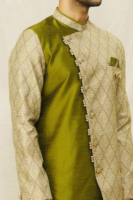 Shop_Nayantara Couture_Green Silk Embroidery Geometric Print Placement Sherwani Set_Online_at_Aza_Fashions