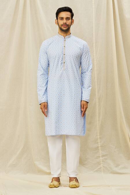 Arihant Rai Sinha Blue Silk Art Geometric Print Kurta Online at Aza Fashions Arihant Rai Sinha_Blue Silk Art Geometric Print Kurta _Online_at_Aza_Fashions