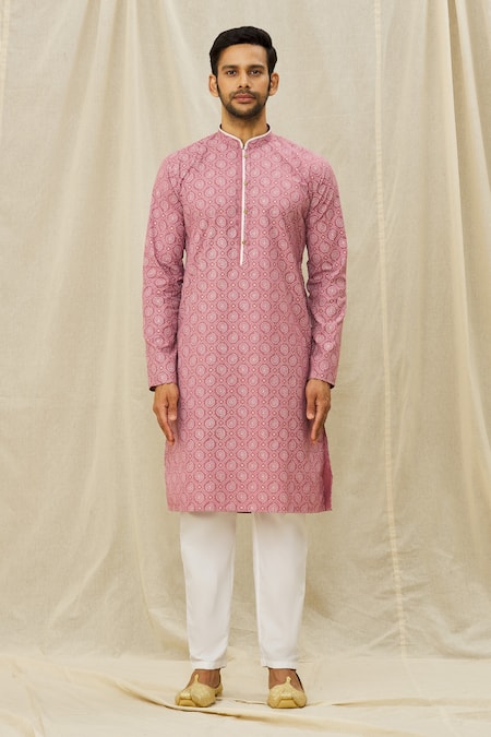 Buy_Arihant Rai Sinha_Pink Silk Embroidery Mandarin Collar Kurta Set _Online_at_Aza_Fashions