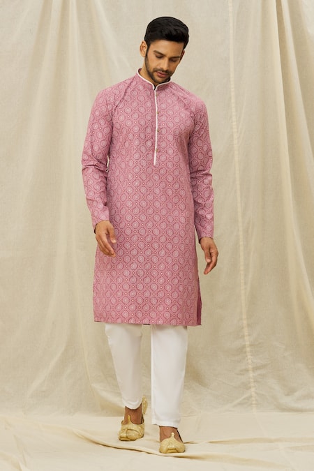 Shop_Arihant Rai Sinha_Pink Silk Embroidery Mandarin Collar Kurta Set _Online_at_Aza_Fashions