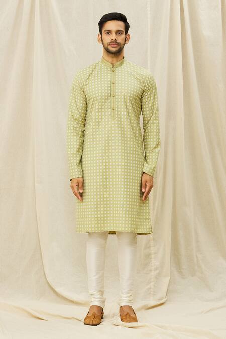 Arihant Rai Sinha Green Handloom Cotton Embroidery Digital Print Kurta Online at Aza Fashions Arihant Rai Sinha_Green Handloom Cotton Embroidery Digital Print Kurta _Online_at_Aza_Fashions