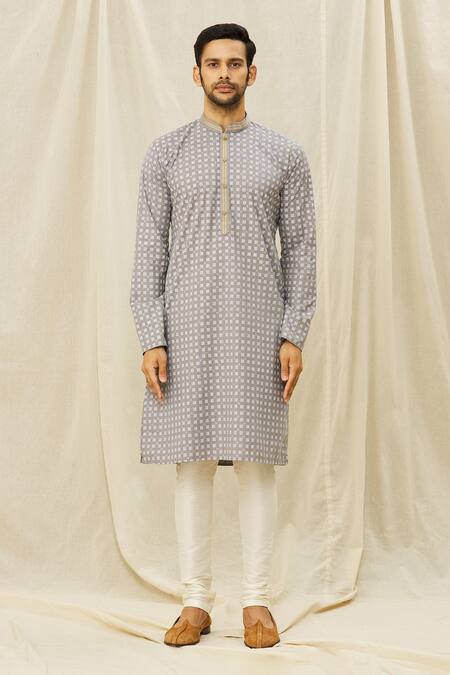 Arihant Rai Sinha_Grey Handloom Cotton Printed Kurta _Online_at_Aza_Fashions