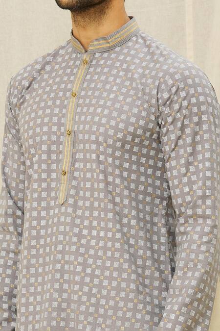 Buy_Arihant Rai Sinha_Grey Handloom Cotton Printed Kurta _Online_at_Aza_Fashions