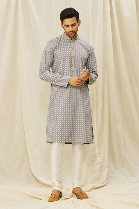 Shop_Arihant Rai Sinha_Grey Handloom Cotton Printed Kurta _Online_at_Aza_Fashions