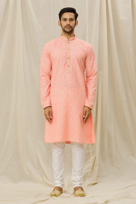 Arihant Rai Sinha Pink Handloom Cotton Embroidery Digital Print Straight Kurta Online at Aza Fashions Arihant Rai Sinha_Pink Handloom Cotton Embroidery Digital Print Straight Kurta_Online_at_Aza_Fashions