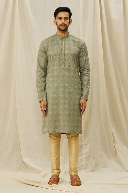 Shop Arihant Rai Sinha Green Handloom Cotton Printed Straight Kurta Online at Aza Fashions Shop_Arihant Rai Sinha_Green Handloom Cotton Printed Straight Kurta _Online_at_Aza_Fashions