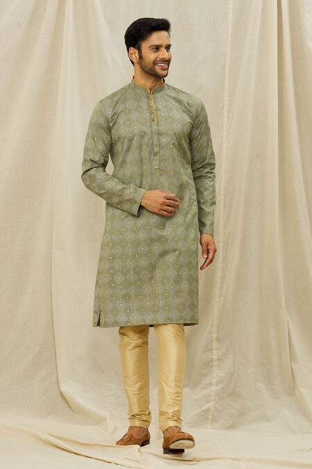 Arihant Rai Sinha Green Handloom Cotton Printed Straight Kurta Online at Aza Fashions Arihant Rai Sinha_Green Handloom Cotton Printed Straight Kurta _Online_at_Aza_Fashions