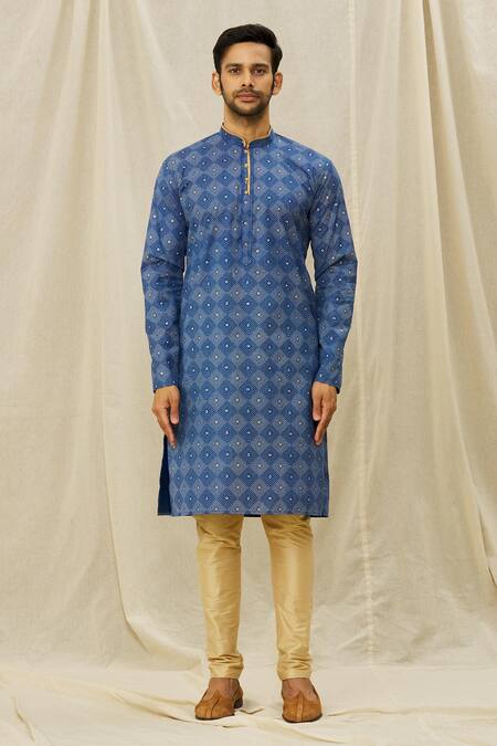 Arihant Rai Sinha Blue Handloom Cotton Pintucked Straight Kurta Online at Aza Fashions Arihant Rai Sinha_Blue Handloom Cotton Pintucked Straight Kurta _Online_at_Aza_Fashions