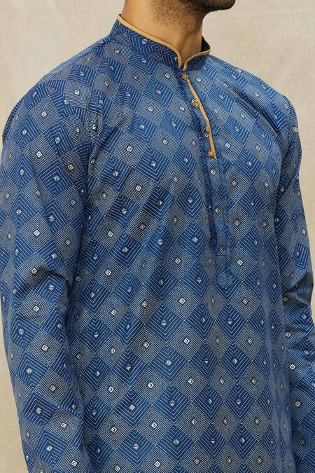 Shop Arihant Rai Sinha Blue Handloom Cotton Pintucked Straight Kurta Online at Aza Fashions Shop_Arihant Rai Sinha_Blue Handloom Cotton Pintucked Straight Kurta _Online_at_Aza_Fashions