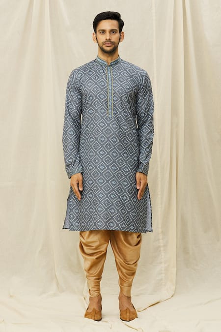 Arihant Rai Sinha_Blue Handloom Cotton Mirrors, Embroidery Bandhani Print Kurta _Online_at_Aza_Fashions