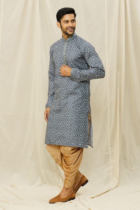 Buy_Arihant Rai Sinha_Blue Handloom Cotton Mirrors, Embroidery Bandhani Print Kurta _Online_at_Aza_Fashions