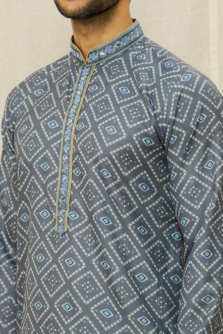 Shop_Arihant Rai Sinha_Blue Handloom Cotton Mirrors, Embroidery Bandhani Print Kurta _Online_at_Aza_Fashions