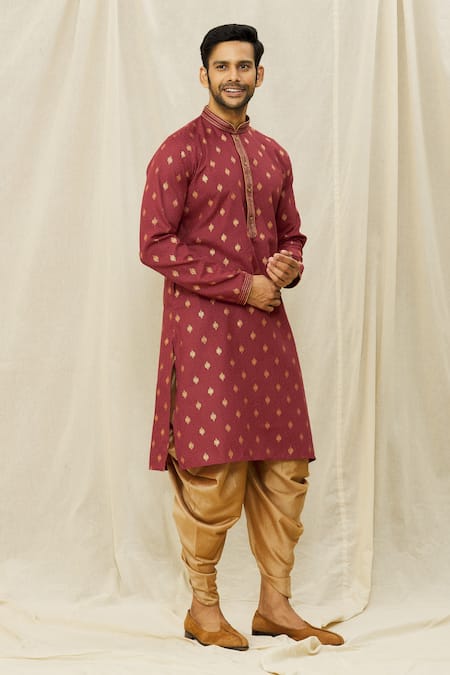 Shop_Arihant Rai Sinha_Maroon Handloom Cotton Kurta _Online_at_Aza_Fashions
