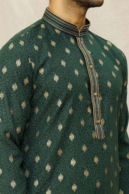 Shop_Arihant Rai Sinha_Green Handloom Cotton Embroidery Traditional Digital Print Kurta _Online_at_Aza_Fashions