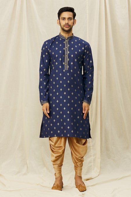 Arihant Rai Sinha_Blue Handloom Cotton Embroidery Digital Motif Print Kurta _Online_at_Aza_Fashions