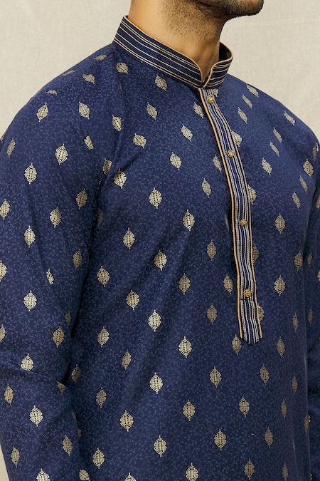 Buy_Arihant Rai Sinha_Blue Handloom Cotton Embroidery Digital Motif Print Kurta _Online_at_Aza_Fashions