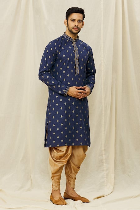 Shop_Arihant Rai Sinha_Blue Handloom Cotton Embroidery Digital Motif Print Kurta _Online_at_Aza_Fashions