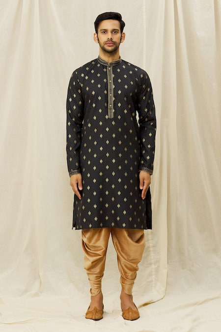 Arihant Rai Sinha_Black Handloom Cotton Print Straight Kurta _Online_at_Aza_Fashions