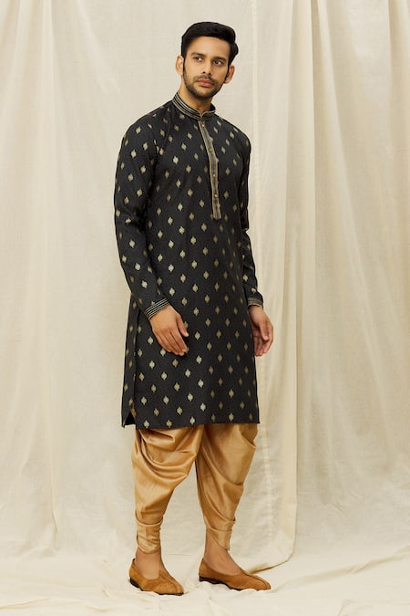 Buy_Arihant Rai Sinha_Black Handloom Cotton Print Straight Kurta _Online_at_Aza_Fashions