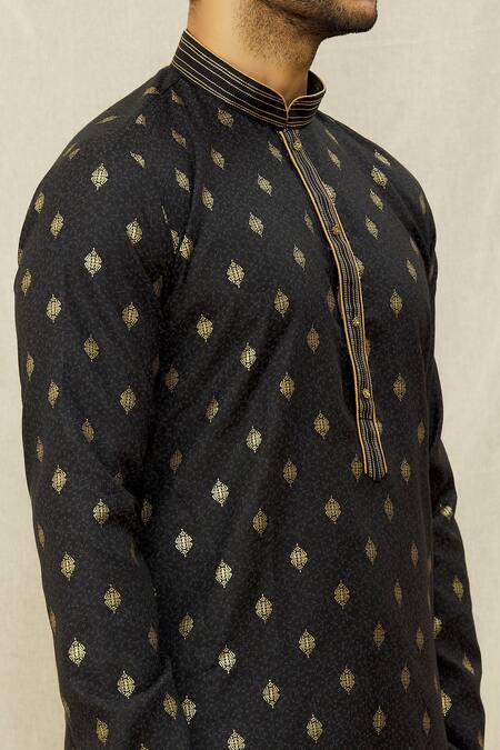 Shop_Arihant Rai Sinha_Black Handloom Cotton Print Straight Kurta _Online_at_Aza_Fashions