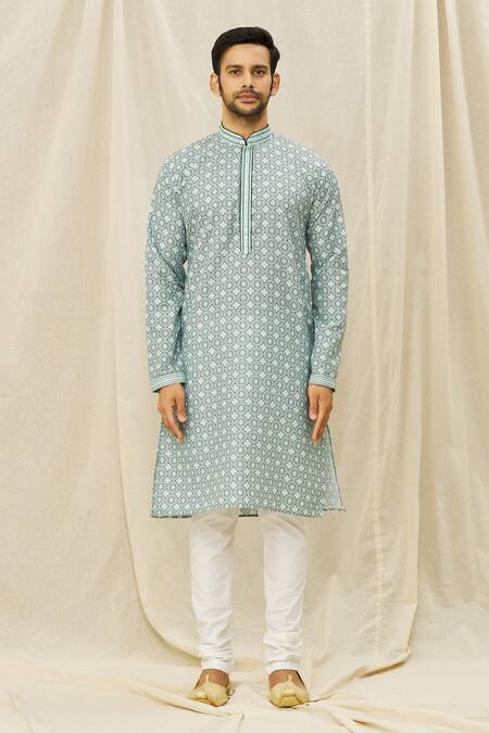 Arihant Rai Sinha_Green Handloom Cotton Mirrors Traditional Print Straight Kurta_Online_at_Aza_Fashions
