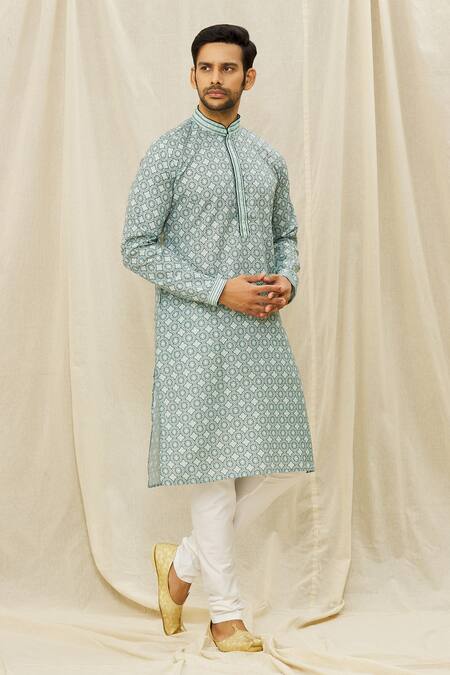 Buy_Arihant Rai Sinha_Green Handloom Cotton Mirrors Traditional Print Straight Kurta_Online_at_Aza_Fashions