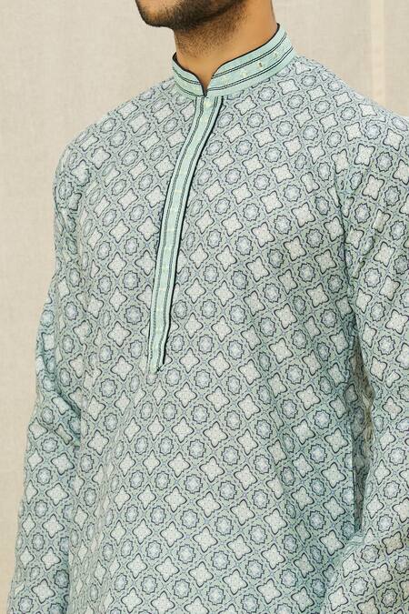 Shop_Arihant Rai Sinha_Green Handloom Cotton Mirrors Traditional Print Straight Kurta_Online_at_Aza_Fashions