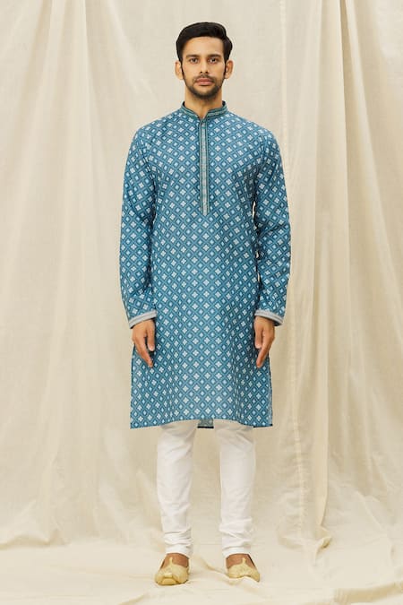 Arihant Rai Sinha_Blue Handloom Cotton Mirrors, Embroidery Straight Kurta _Online_at_Aza_Fashions